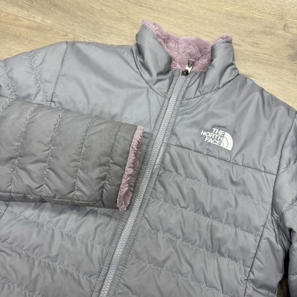 The North Face Gray Pink Puffer Fleece Reversible Jacket Girls Sz L Outdoor